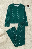 Tarz Rahat Uzun Kollu Boru Paça %100 Pamuklu Puantiye ve Kalp Desenli Örme Pijama Takımı - 1