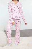 Tarz Rahat Uzun Kollu Boru Paça %100 Pamuklu Çiçekli Ajurlu Delikli Fitilli Örme Pijama Takımı - 1