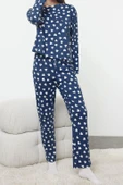 Tarz Rahat Uzun Kollu Geniş Paça %100 Pamuklu Kalp Desenli Örme Pijama Takımı - 1