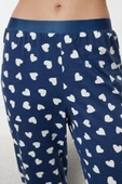 Tarz Rahat Uzun Kollu Geniş Paça %100 Pamuklu Kalp Desenli Örme Pijama Takımı - 3