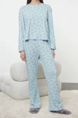 Tarz Rahat Uzun Kollu Geniş Paça %100 Pamuklu Ayıcık Desenli Örme Pijama Takımı - 2