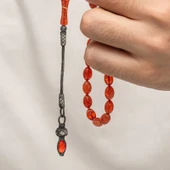 Gümüş 1000 Ayar Kazaz Püsküllü Sıkma Kehribar Tesbih - 3