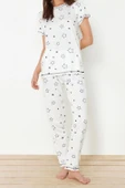 Tarz Rahat Kısa Kollu Boru Paça Yıldız Desenli Örme Pijama Takımı - 3