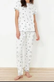 Tarz Rahat Kısa Kollu Boru Paça Yıldız Desenli Örme Pijama Takımı - 1
