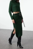 Tarz Kadın Modern Moda Yüksek Bel Geniş Paça Bisiklet Yaka Crop Basic Etekli Triko Alt-Üst Takım - 2