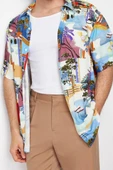Şık Baskılı Desen Gömlek Yaka Oversize Fit %100 Viskon Baskılı Kısa Kollu Salaş Yazlık Gömlek - 3