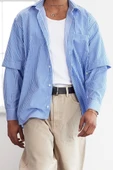 Şık Çizgili Desen Gömlek Yaka Limited Edition Relaxed Fit Alttan Çıkma Kollu Gömlek - 3