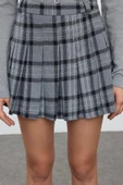 Modern Tarz Astarsız Dokuma Mini Boy Pileli Ekose Desenli Dokuma Mini Etek - 1