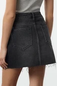 Modern Tarz Astarsız Denim Mini Boy Soluk Efekt Vintage Yüksek Bel Mini Denim Etek - 5