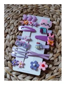 14 Lü Set Çocuk Saç Tokası Seti Mor Tema Çoklu Figürlü Toka Set - 2
