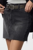 Modern Tarz Astarsız Denim Mini Boy Soluk Efekt Vintage Yüksek Bel Mini Denim Etek - 2