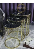 Zigonzi Üçlü Zigon Temperli Cam Siyah Beyaz Mermer Desenli Hasır Sehpa 1842hasırgold - 1