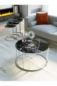Zigonzi 3lü Zigon & Orta Sehpa Takımı Gümüş Metal Siyah Mermer Desenli - 1