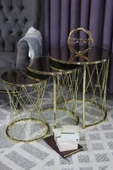 Zigonzi Gold Metal Bronz Aynalı, Hasır C Üçlü Zigon Sehpa - 4