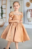 Kız Çocuk Yakası Taş Şerit İşlemeli Şeffaf Tül Detaylı Balon Kollu Kahverengi Saten Abiye thumbnail 1