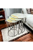 Zigonzi Gümüş Metal, Sarı Mermer Desenli, 3'lü Zigon Sehpa - 1