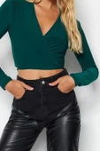 Moda Kruvaze Örme Slim Fit Düz Desen Casual Günlük Crop Uzun Kol Bluz - 3