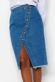 Modern Tarz Astarsız Denim Midi Boy Düğme Detaylı Yırtmaçlı Midi Denim Etek - 4