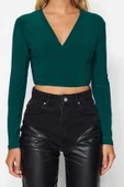 Moda Kruvaze Örme Slim Fit Düz Desen Casual Günlük Crop Uzun Kol Bluz - 1