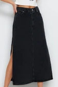 Modern Tarz Astarsız Denim Maxi Boy Yırtmaçlı Yüksek Bel Maxi Denim Etek - 4