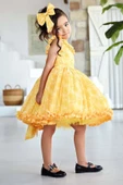 Kız Çocuk Yakası ve Etek Ucu Fırfırlı Üzeri Gül Baskılı Kolsuz Sarı Elbise thumbnail 1