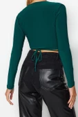 Moda Kruvaze Örme Slim Fit Düz Desen Casual Günlük Crop Uzun Kol Bluz - 5