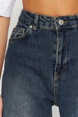 Stil Kadın Moda Denim Kot Pantolon Regular Boru Paça Mavi Yüksek Bel Slim Mom Jeans - 5
