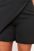 Büyük Beden Moda Dokuma Yüksek Bel Geniş Paça Gündelik Siyah Cep Detaylı Dokuma Şort Etek - 5