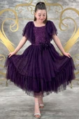 Kız Çocuk Omuzları Tüllü Göğsü Pulpayet İşlemeli Tüllü Menekşe Mor Abiye thumbnail 1