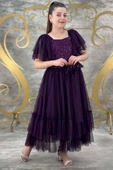 Kız Çocuk Omuzları Tüllü Göğsü Pulpayet İşlemeli Tüllü Menekşe Mor Abiye thumbnail 2