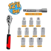 Lokma Anahtar Takımı 12'li Set 8-10-12-13-14-15-17-19-22-24 mm Cr-V Çelik 1/2 Derin Cırcır Soket - 1
