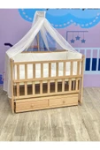 Doğal Ahşap Anne Yanı Asansörlü Çekmeceli Beşik Tam Set Uyku Seti - 1