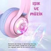 iClever Kedi Kulaklı Led Işıklı Güvenli Ses Sınırlı 50 Saat Oynatma Süreli Bluetooth Çocuk Kulaklığı Lila - 4