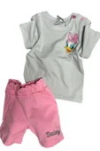 Kız Bebek Ördek İşlemeli Yazı Detaylı Pembe Şortlu Takım thumbnail 1