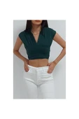Bkmc Kolsuz Dekolteli Beli Bantlı Crop Bluz Koyu Yeşil - 1