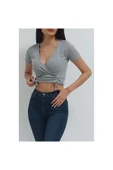 Bkmc Kruvaze Yaka Büzgülü Bluz Gri - 2