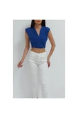Bkmc Kolsuz Dekolteli Beli Bantlı Crop Bluz Mavi - 2