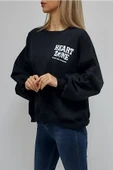 Bkmc Heart Zone Ön ve Arka Baskılı İçi Pamuklu Kadın Sweatshirt Siyah - 3