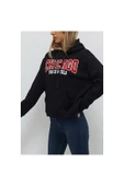 Bkmc Chicago Baskılı Kapüşonlu Oversize Içi Tüylü Sweatshirt Siyah thumbnail 3