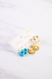 Soobepark Mavi Boncuklu Sarı Papatya Figürlü Çoklu Küpe Seti Gold - 1