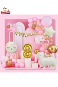 Laviyosa Yıldız ve Kedi Folyo Gold 8 Yaş Folyo Balonlu İyi Ki Doğdun Yazılı Pembe Gold Doğum Günü Parti Seti - 1
