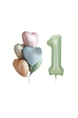 Bkmc Retro Kalp Folyo Balon Buketi Seti 1 Yaş Su Yeşili Rakam Folyo Balon Doğum Günü Balon Seti - 1