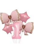Bkmc 1 YAŞ PEMBE RENKLİ RETRO PEMBE FİYONKLU BALONLU DOĞUM GÜNÜ PARTİ SETİ SÜSÜ - 2