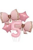 Bkmc 5 YAŞ PEMBE RENKLİ RETRO PEMBE FİYONKLU BALONLU DOĞUM GÜNÜ PARTİ SETİ SÜSÜ - 3