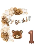 Bkmc Ayı Folyo Balonlu Kahve 1 Yaş Folyolu Karamel Doğum Günü Parti Seti Süsü thumbnail 2