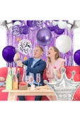 Bkmc Kadınlar Kızlar İçin Mor Konfeti BalonluGümüş Taç Folyo,Mor Saçak Arkafon Doğum Günü Parti Seti Süsü thumbnail 4
