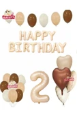 Bkmc Happy Birthday 2 Yaş Bej Folyo Balon Kahverengi Beyaz Bej Doğum Günü Parti Seti - 1