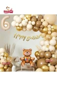 Bkmc 6 YAŞ BEJ RETRO RENK OTURAN AYI FOLYO BALONLU BALON ZİNCİR SET DOĞUM GÜNÜ PARTİ SETİ SÜSÜ - 1