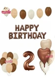 Bkmc 2 Yaş Happy Birthday Kahverengi Folyo Balon Bej Kahverengi Beyaz Doğum Günü Parti Seti - 1