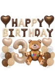 Bkmc 3Yaş Retro Ayıcık Kahverengi Folyolu Balon Happy Birthday Afiş Dekorasyon Doğum Günü Parti Seti Süsü - 1